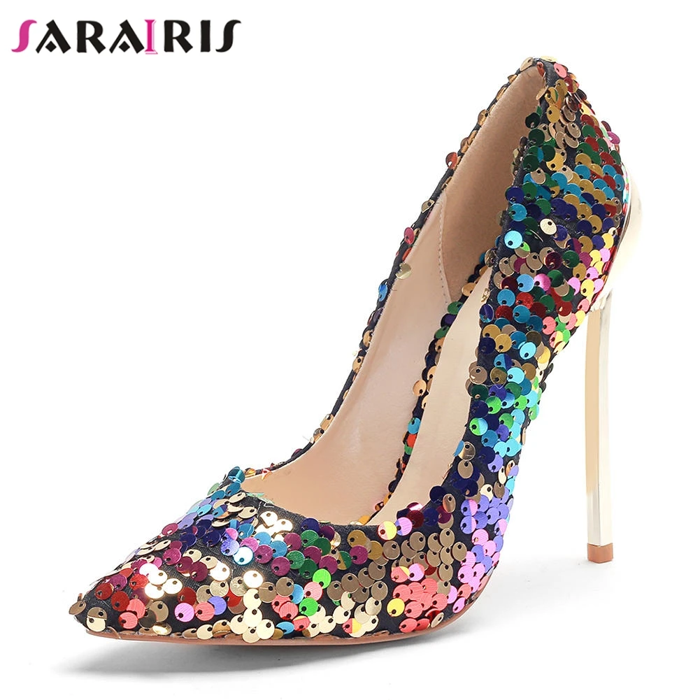 

SARAIRIS Designer Women Shinning Pumps Party Wedding Shoes Woman Luxury High Heels Pointed Toe Glitter Stilettos Big Size 33-45