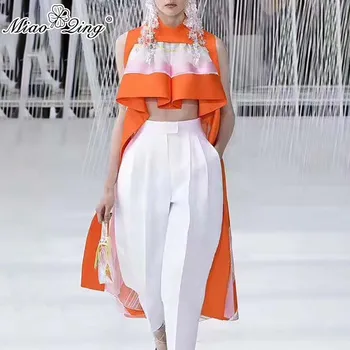 

MIAOQING Summer Casual Striped Asymmetrical Blouse Women Stand Sleeveless Ruffles Hit Color Female Clothes Fashion 2019 New