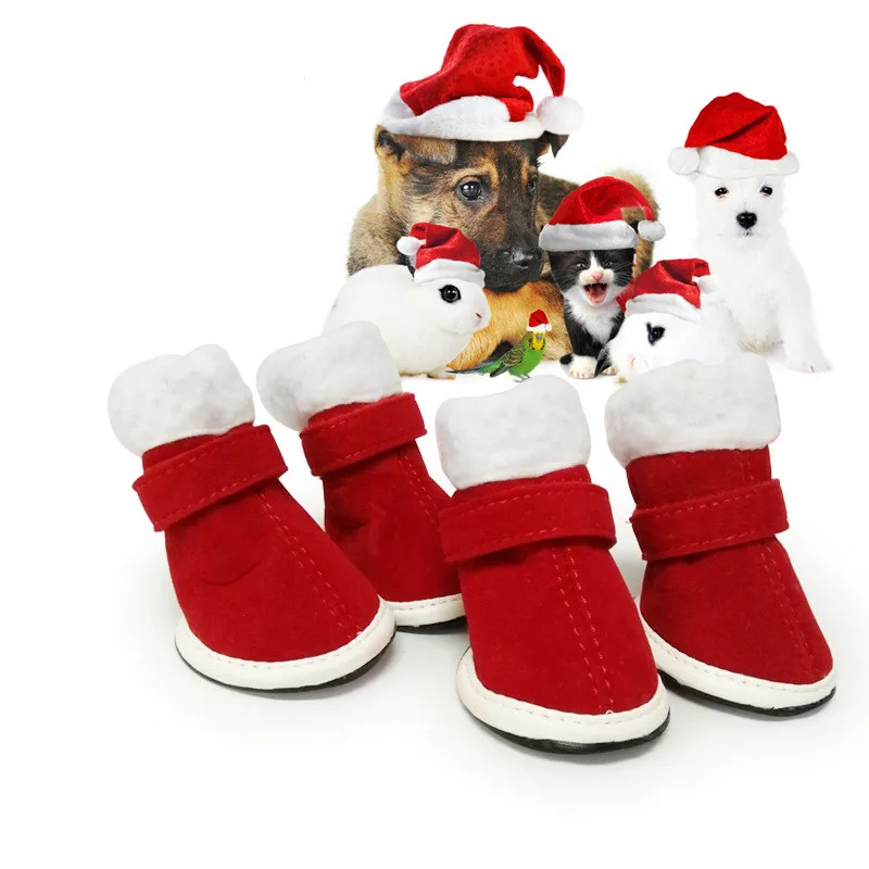 4pcs Anitslip Winter Pet Dog Shoes Christmas Red Rain Snow Boots