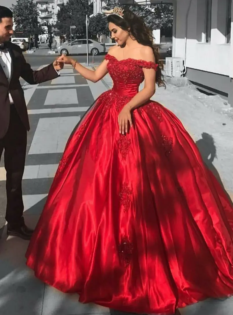 Red Satin Appliques Quinceanera Dresses Ball Gown Off The Shoulder ...