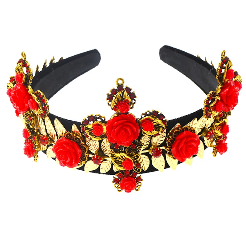 Retro Palace Baroque Crown Gold Leaves Wide Cross Headband Rose Flower Velvet Headdress For Women Bride Wedding Hair Accessories | Украшения