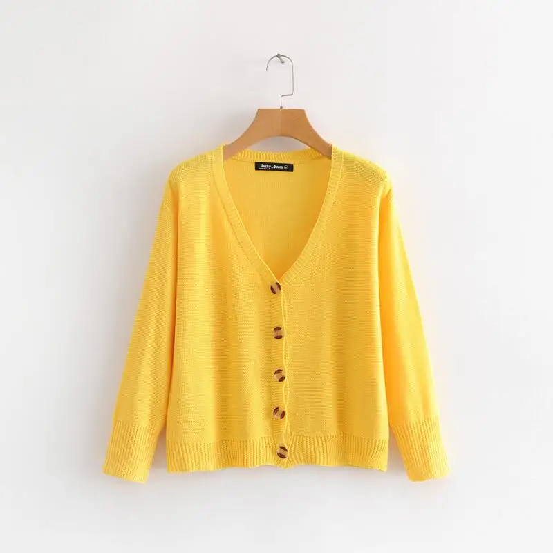 

Women Yellow Single Breasted knitted Sweater Autumn Long sleeve V Neck Pure color Cardigans Coats Femme Sweaters#N469