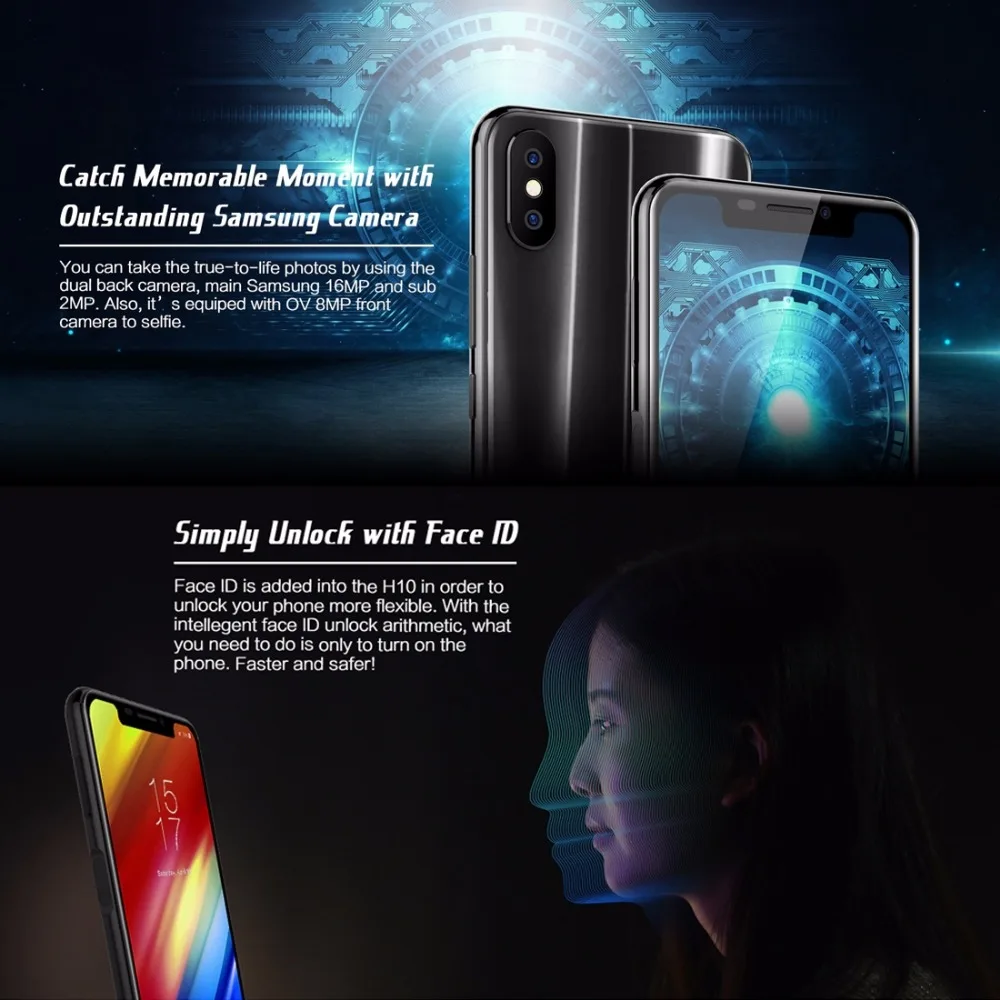 HOMTOM H10 5,85 pulgadas Android 8,1 4 GB + 64 GB teléfono móvil cara Identificación de huella dactilar ID MTK6750T Octa Core 16MP 8MP OTA OTG Smartphone