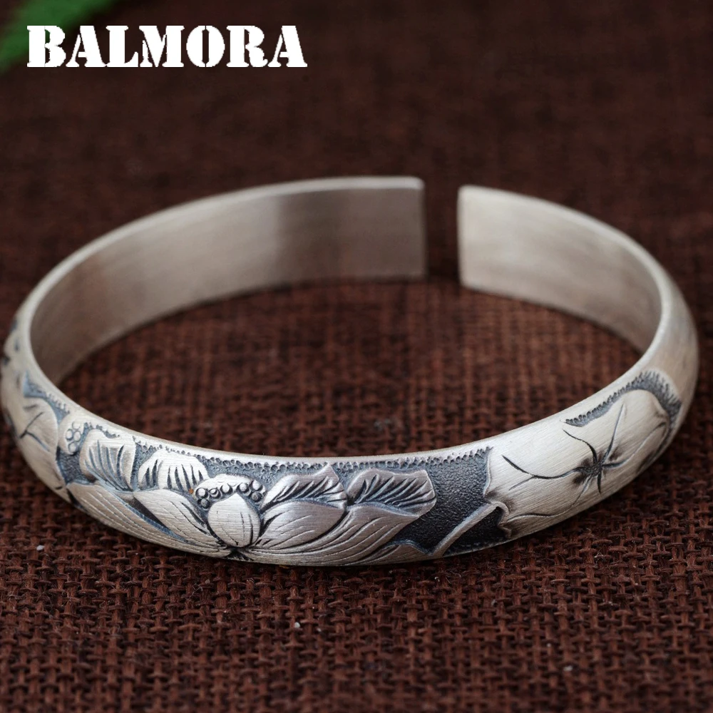 

BALMORA 990 Pure Silver Lotus Flower Open Bangles for Women Mother Gift about 18cm Bracelet Elegant Jewelry Accessories SZ0495