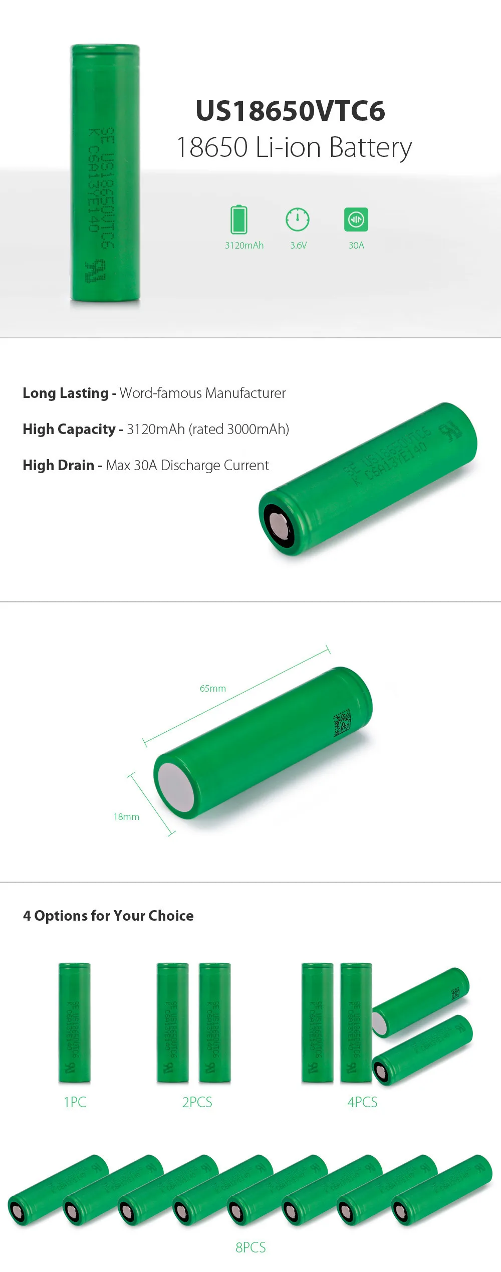 1 шт.,, 3,6 В, 18650 батарея для sony, 3000 мА/ч, высокая мощность, VTC6, перезаряжаемые батареи, 30A, разрядка, электронная сигарета, батарея