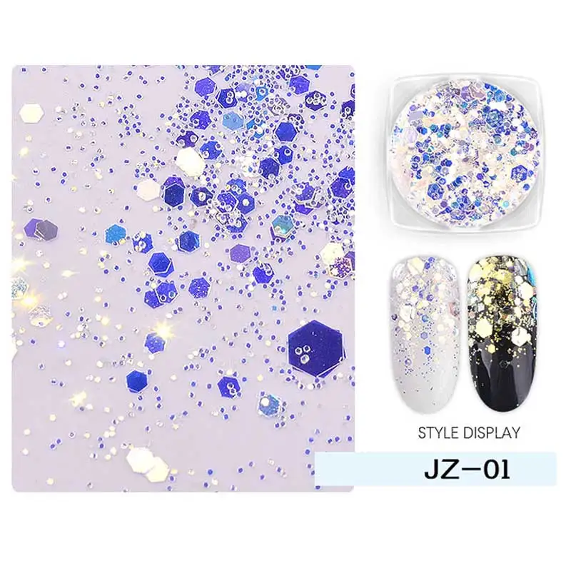 1 коробка Аврора Единорог ногтей блестки ультра-тонкий русалка шестиугольник хлопья ломтик смешанные блестящие порошки 3d сверкающие украшения для ногтей - Цвет: JZ01
