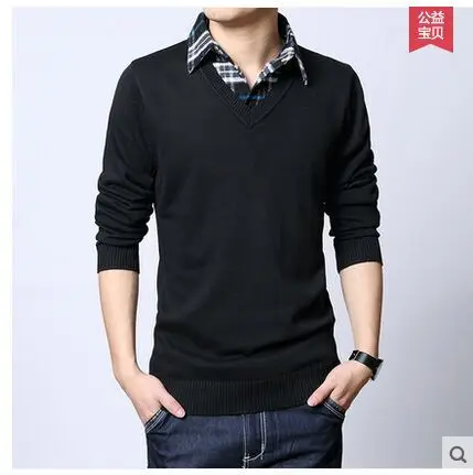 Новое поступление мужской свитер из двух частей, мужская рубашка, модная повседневная Однотонная рубашка с воротником, большие размеры s m L XL 2XL 3XL 4XL 5XL - Цвет: black