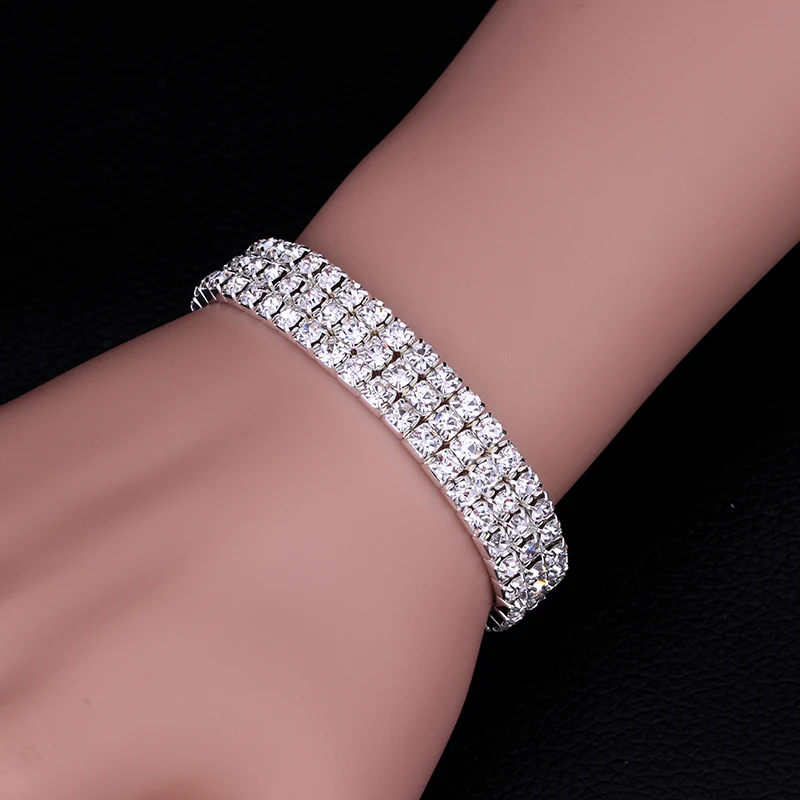 Сверкающие серебряные браслеты с кристаллами для женщин, 3 ряда, стразы, тянущиеся браслеты, браслеты для женщин, свадебные, выпускные ювелирные изделия