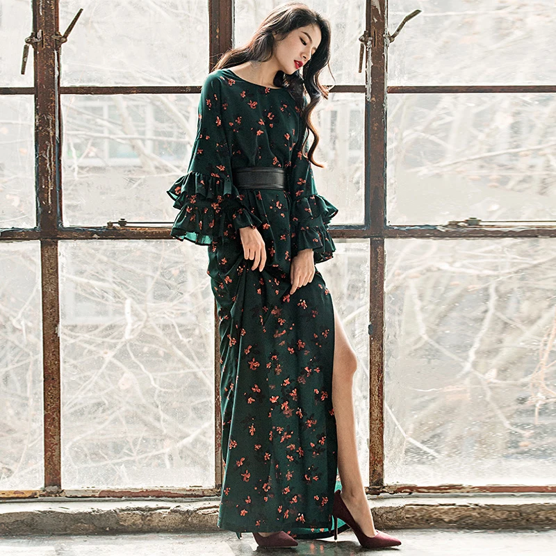 Newest 2017 Designer Maxi Dress vestido Women's Butterfly Sleeve Loose Floral Printed Slit Belt Casual Long Dress long-floral-maxi : image Newest 2017 Designer Maxi Dress vestido Women's Butterfly Sleeve Loose Floral Printed Slit Belt Casual Long Dress long-floral-maxi