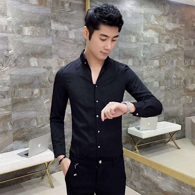 Quality Shirt Dress Brand New Slim Fit Mens Casual Shirts Solid All Match Streetwear V Neck Long Sleeve Shirt Men Clothes