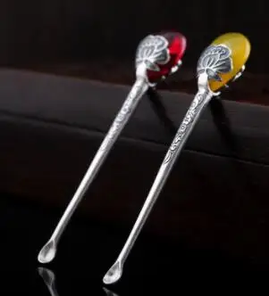 

pure silver snuff spoon double-sided carved inlaid red corundum chalcedony gemstone /best gift of snuff acc,free shipping