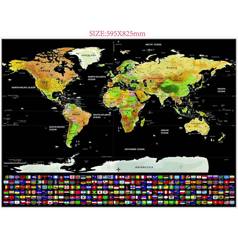 

2PCS 59.5 * 82.5cm Black World Travel Scratch Off Map Personalized Erase World Map Without Tube Creative Decoration Wall Sticker