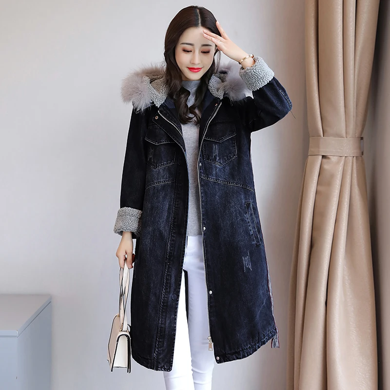 Зимняя джинсовая куртка для женщин с капюшоном, толстая овечья шерсть, Длинные куртки, Женское пальто, корейский стиль, плюс размер, 3XL, модное хлопковое пальто