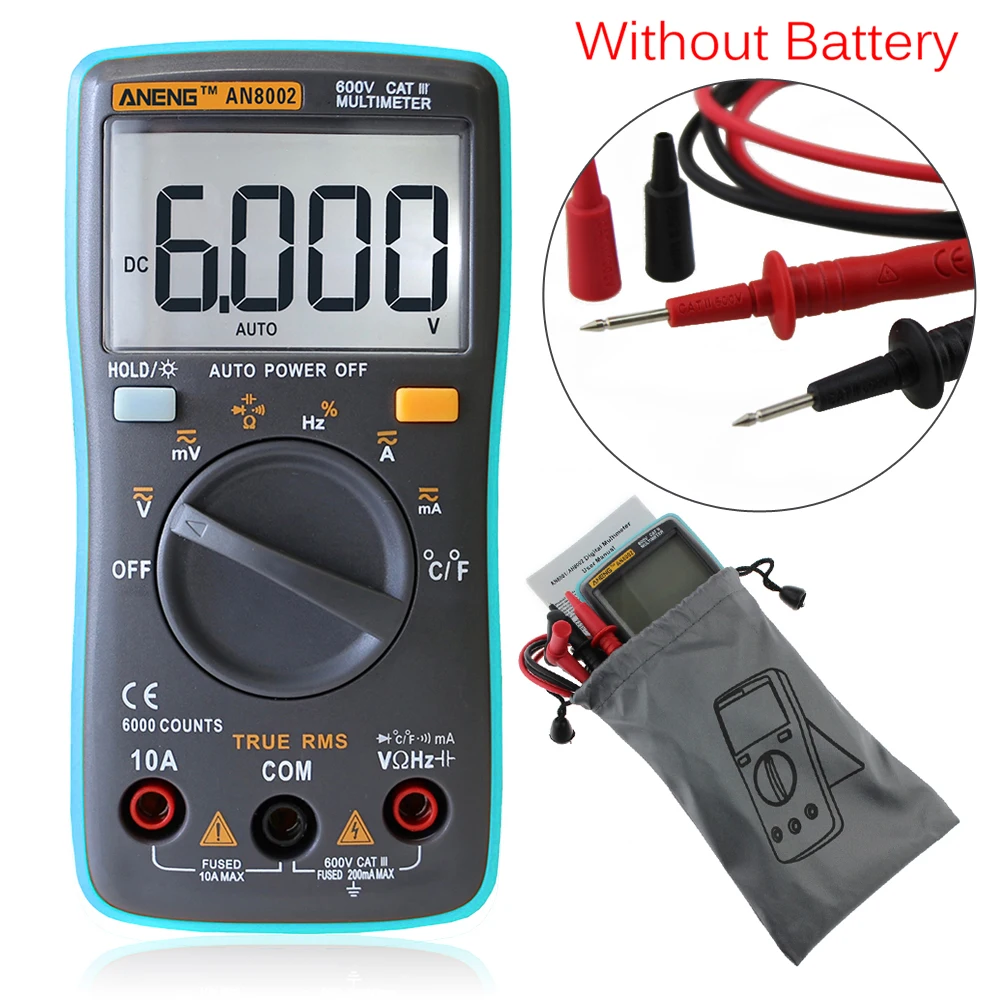 

AN8002 LCD Digital Multimeter 6000 counts Backlight Auto Range Ammeter Voltmeter AC/DC Volt Current Ohm Temperature Meter