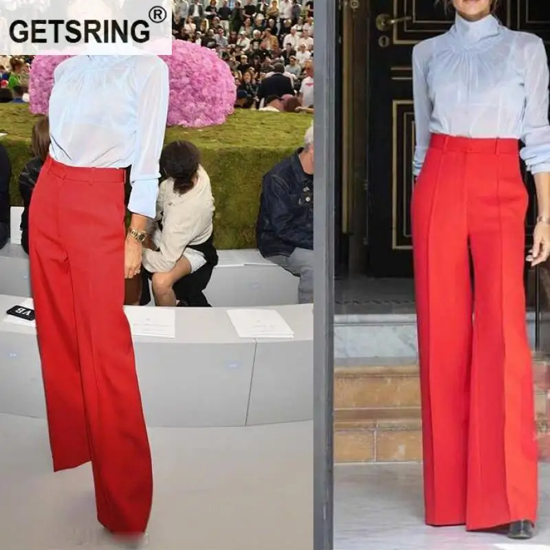 

GETSRING Women Pant High Waist Plus Size Wide Leg Pants Red Fashion Casual Full Length Flare Pants High Waist Vintage 2019 New