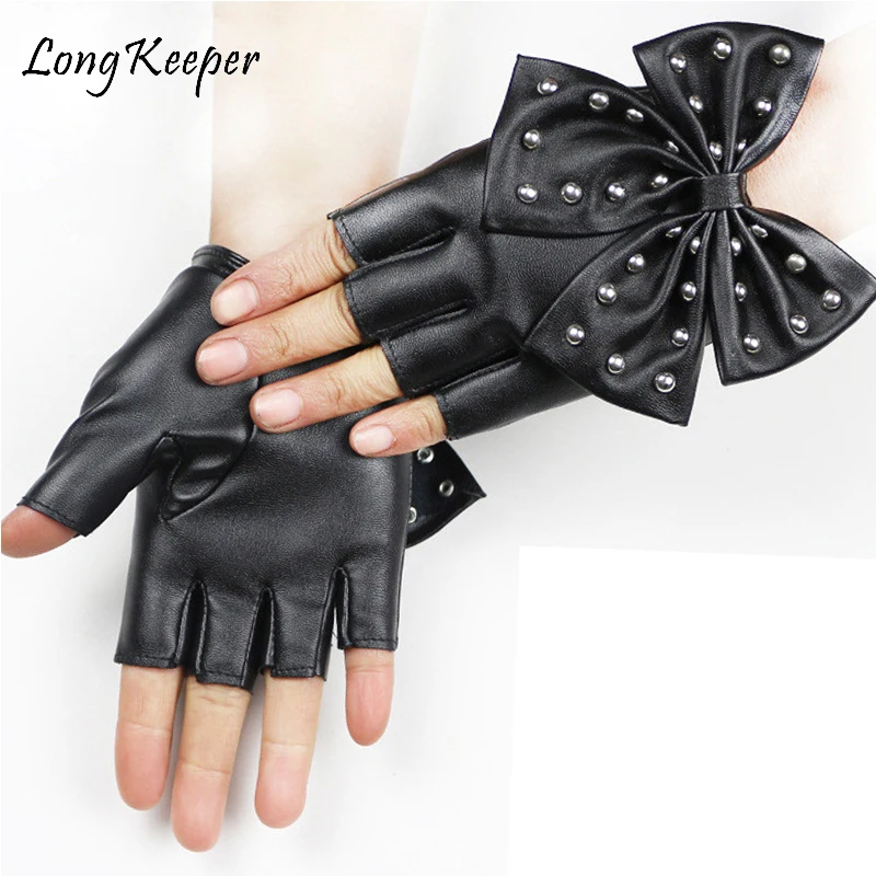 Long Keeper NEW Women's Leather Gloves Black Fingerless Gloves PU