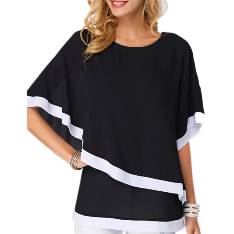 

Large Size Chiffon Patchwork Irregular Blouse Casual Batwing O Neck 2019 Summer Women Shirts Plus Size Clothing