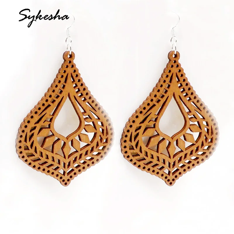 

2019 New Arrival Brown Hollow African Woman Wooden Brincos Pendant Wood Earrings