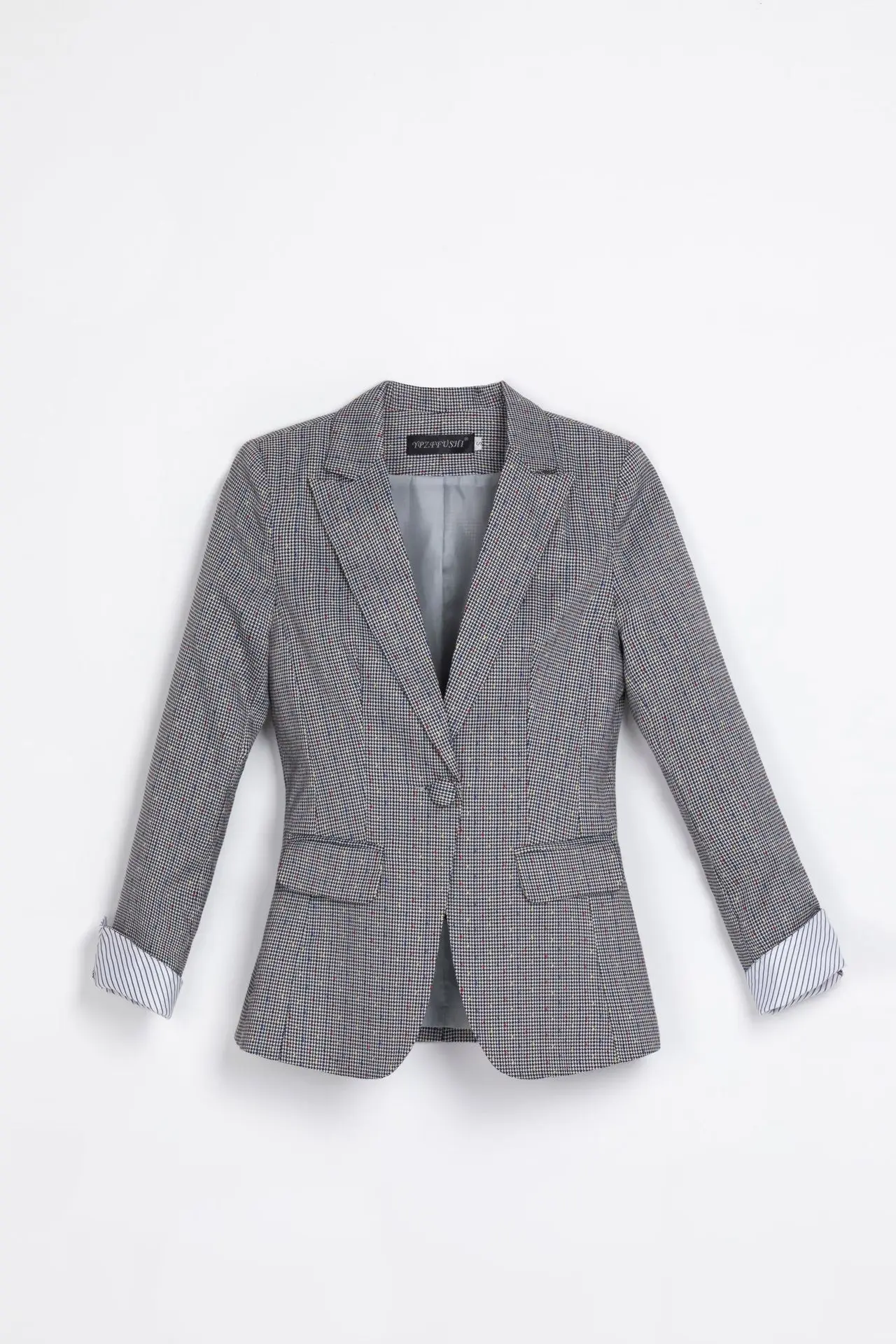 2019 Korean Spring Autumn New Chic Office Lady Casual Houndstooth Plaid Blazer Jacket Gray  Plus Size - 32923219064