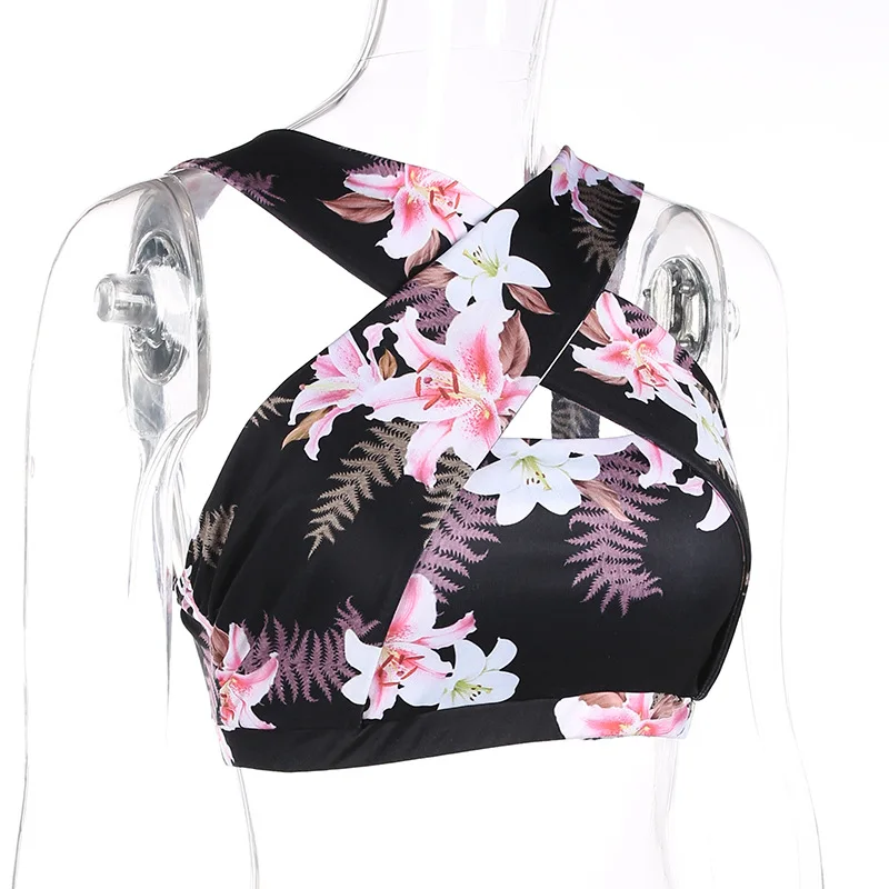 JLZLSHONGLE Fashion Flower Print Women Sets Mesh Fitness Suit Sexy Backless Cross Strap Crop Top + Slim Pants Ladies 2 Piece Set