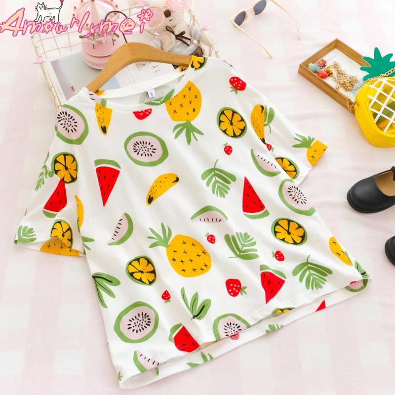 

Japanese Style Mori Girl Small Fresh Fruit Print Round Neck Loose Short Sleeve T-shirt 2019 Summer Women Tops Cotton Casual Tees