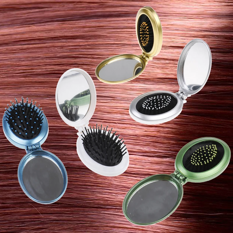 Anti-static Portable Round Pocket Small Size Travel Massage Folding Comb Girl Detangling Hair Brush With Mirror Styling Tools