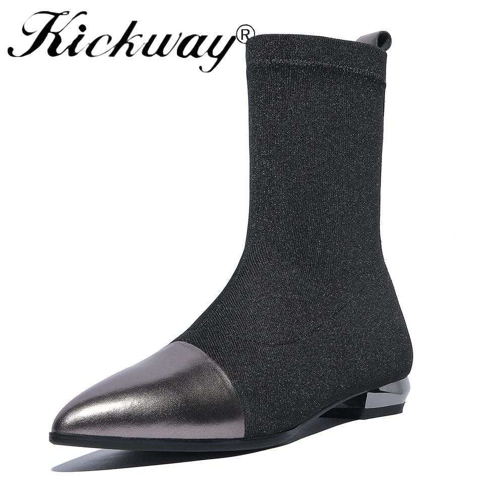 

Kickway Fashion Ankle Elastic Sock Boots Chunky Heels Stretch Women Autumn Sexy Booties Pointed Toe Women Pump Plus Size 34-42