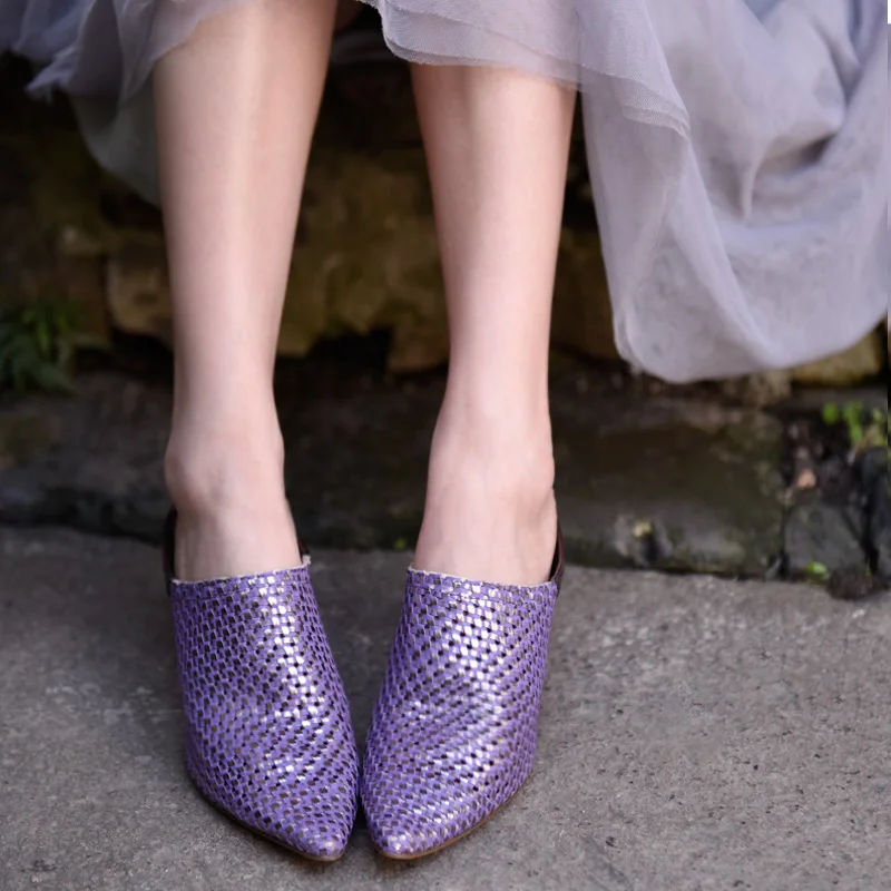 Artmu/оригинальные плетеные шлепанцы с острым носком на толстом каблуке; женская обувь из натуральной кожи; Новые шлепанцы ручной работы на высоком каблуке