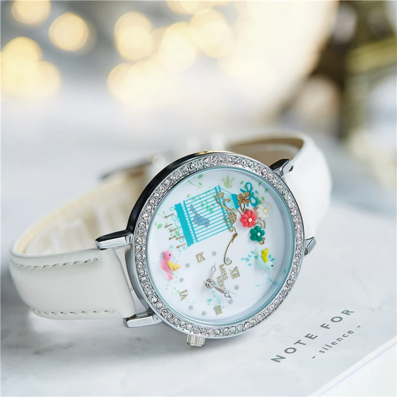 MISS KEKE роскошные стразы с блестящими кожаными цветами часы женские кожаные Детские кварцевые наручные часы 201