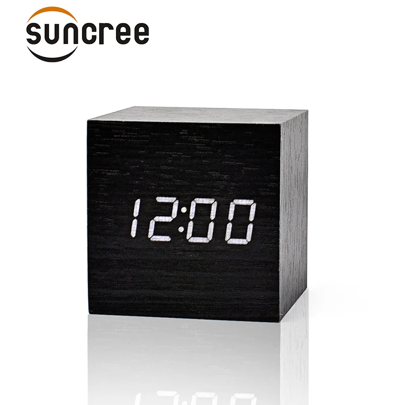 Suncree квадратные мини часы Деревянный светодиодный Будильник, reloj despertador Температура голосовой активации Светодиодный настольный забавные цифровые часы