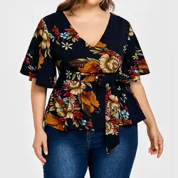 2018 Лето Boho v-образным вырезом Цветочный Принт футболки для женщин; большие размеры 5XL Для женщин's Повседневное свободные пляжные Топы