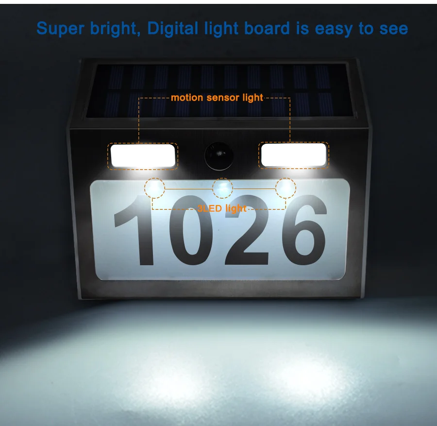 Светодиодный светильник на солнечных батареях с номером адреса дома из нержавеющей стали с датчиком движения, солнечный светильник для сада, дома, двора, двери