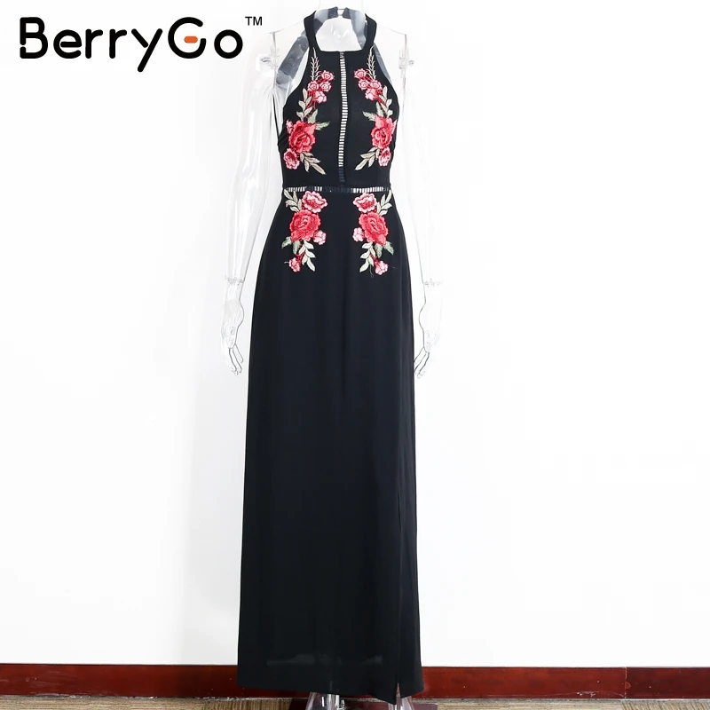 BerryGo Embroidery halter backless long dress women Sexy high split long dress 2017 Party christmas black vintage dress femme BerryGo Embroidery halter backless long dress women Sexy high split long dress 2017 Party christmas black vintage dress femme