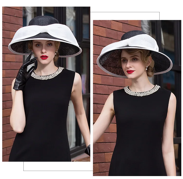 FS элегантная женская льняная фетровая шляпа черная Дамская Свадебная шляпа для Церкви Sinamay с большими широкими полями с бантом фетровая шляпа Кентукки шляпа котелок