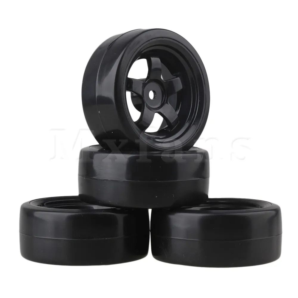 

Mxfans 4pcs Black 5 Spoke Wheel Rims & Smooth Tires for RC 1:10 Drift Car Plastic
