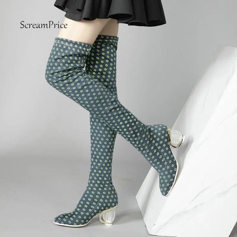 

Ladies Comfort Strange Style Heel Thigh Boots Fashion Slip On Round Toe Women Fall Winter Over the Knee Boots Blue Red Brown