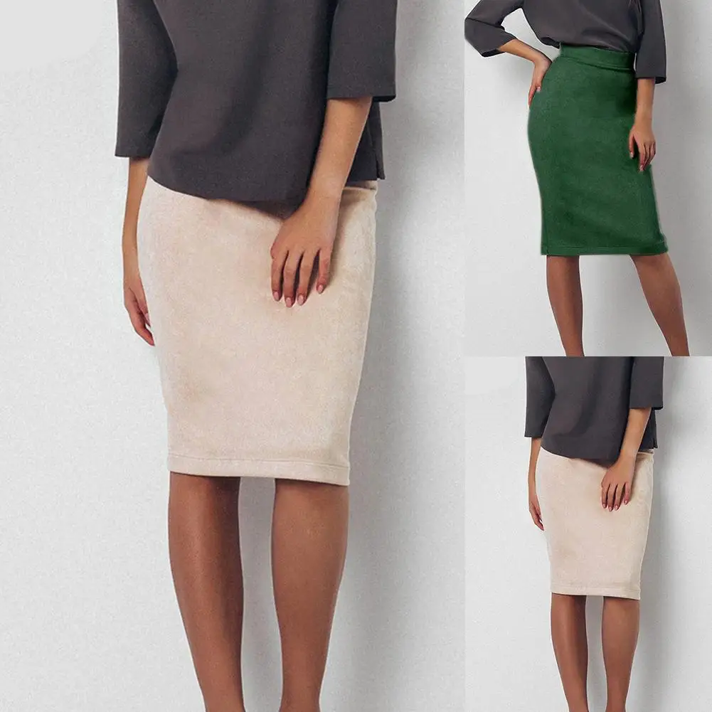 

Fashion Elegant Summer Women Solid Color High Waist Knee Length Lady Skirts Sexy Split Bodycon Slim Stretchy Midi Pencil Skirt