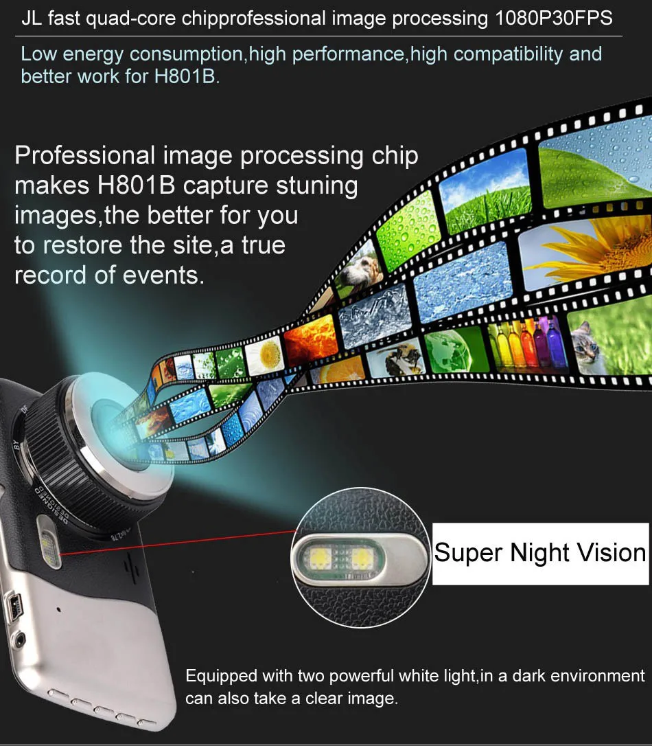 Mini Car DVR H801B With Rear View Camera Dual Lens Dash Cam 4 Inch Full HD 1080P+720P WDR Video Recorder Portable Camcorders-5
