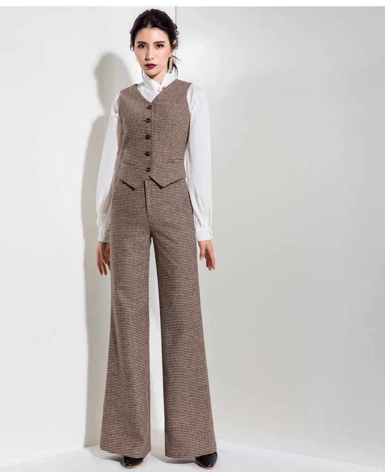 Acrmrac оригинальный Для женщин шерстяное пальто жилет свободные штаны Три Костюм из нескольких предметов Брючные костюмы для женщин