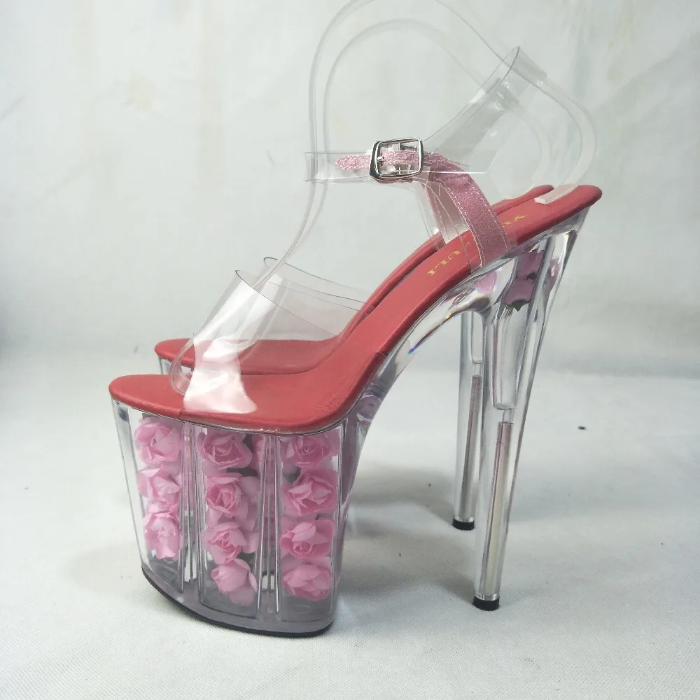 Sexy and see-through 20cm high heels with pink roses for lady's sandals crystal dance shoes