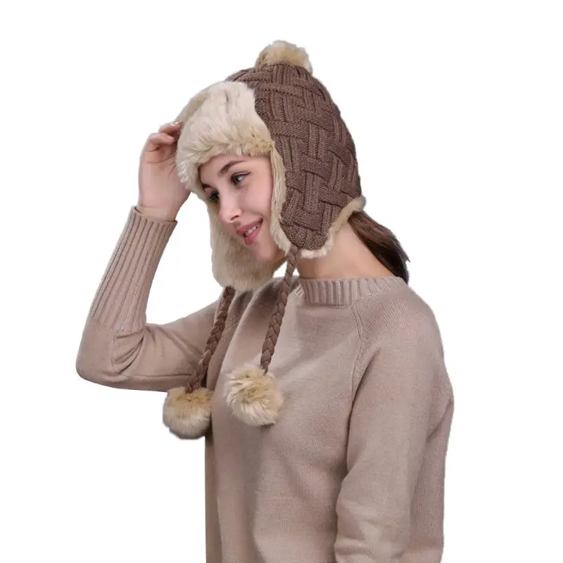 11 Styles Women Winter Thicken Lining Earflap Hat Knitted Contrast Color Snow Ski Beanie Cap Pompom Ball Long Tassels Ear Warmer - Цвет: Khaki(solid)