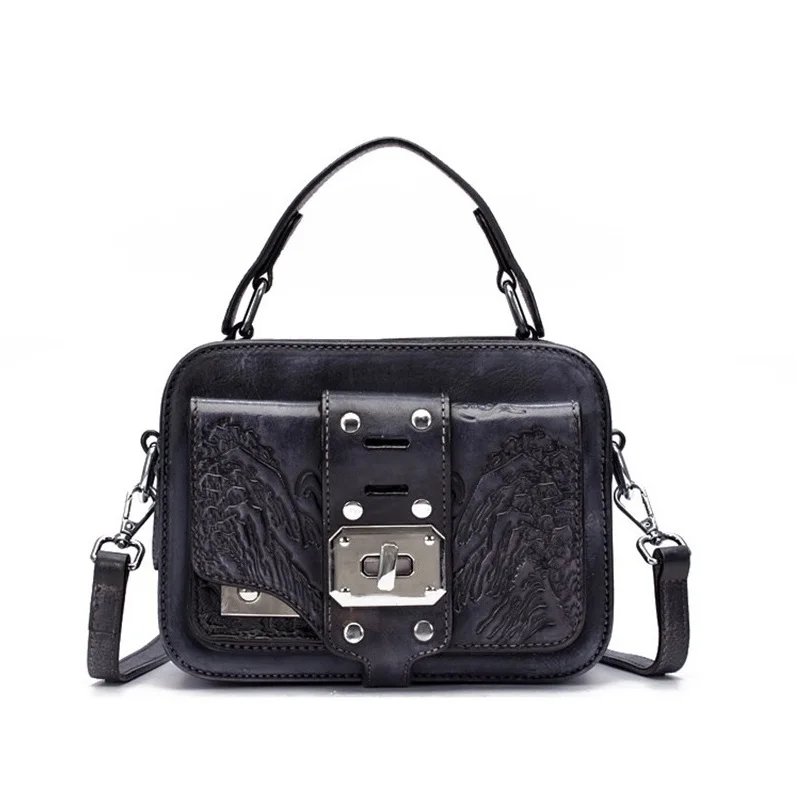

Embossing Designer Genuine Cow Leather Women's Small Flap Pocket Bag Vintage Rivets Metal Lock Mini Handbag Ladies Box Bag Purse