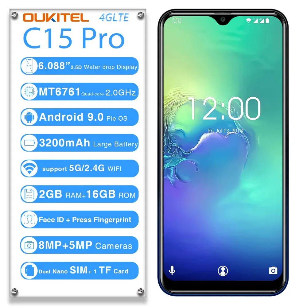 Мобильный телефон OUKITEL C15 Pro+ 6,088 ''19:9 Android 9,0 Pie 3 ГБ 32 ГБ MT6761 с каплями отпечатков пальцев для распознавания лица 5G WiFi 4G