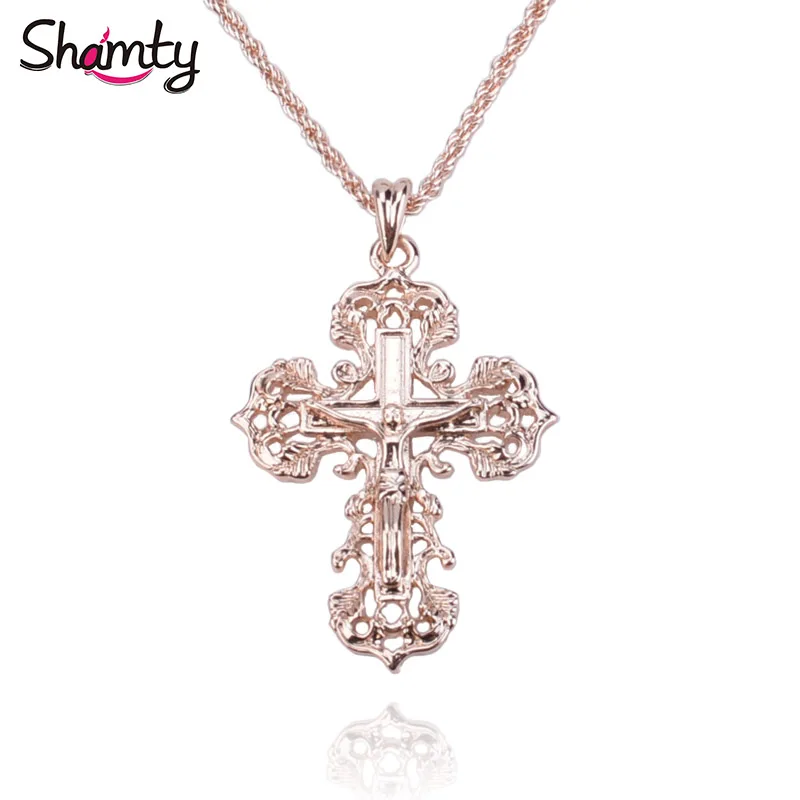 Ожерелье с крестом Shamty, винтажное, розовое золото, модные подвески для бижутерии, ожерелья с крестом Иисуса, цепь, христианство Иисуса - Окраска металла: Чистый золотой цвет