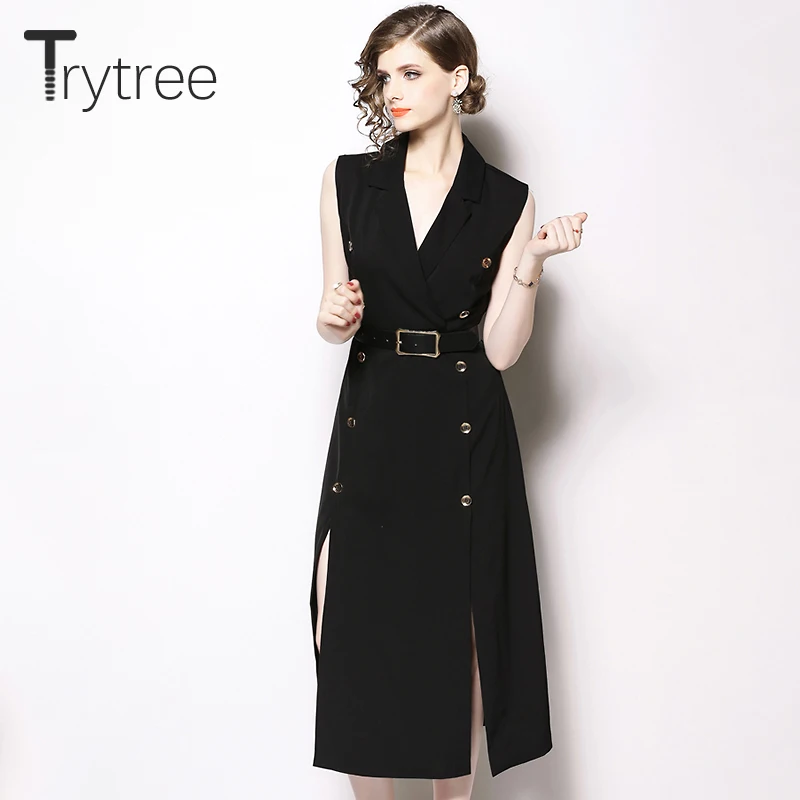 Trytree/летнее осеннее платье Формальное женское черное однотонное без рукавов