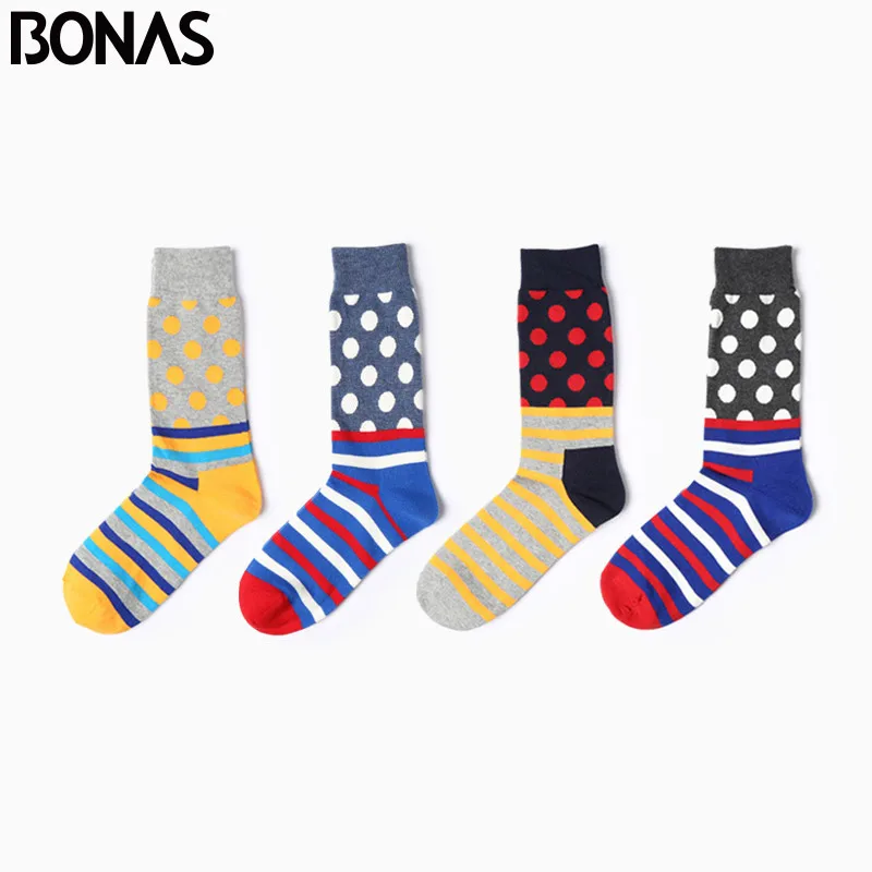 BONAS 4Pairs/lot Colorful Crew Cotton Men Happy Socks British Style