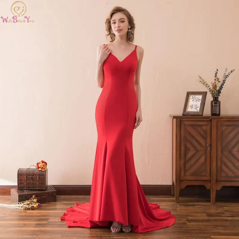 

Fantastic Red Mermaid Evening Dress V Neck Pleat Lace Up Formal Party Long Gown Sleeveless Satin abiti da cerimonia da sera 2019