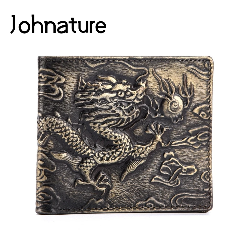 

Johnature 2019 New Genuine Leather Vintage Animal Prints Tiger And Dragon Short Men Wallets And Purses Small Wallet Card Holder