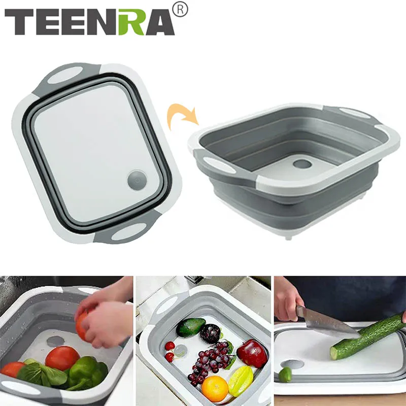 

TEENRA Folding Chopping Board Vegetable Fruit Washing Basket Silicone Kitchen Cutting Block Chopping Blocks Sinks Drain