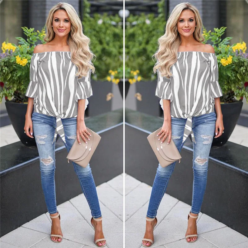 Fashion Shirts Women Blouses Women ' s Tops Casual Half Sleeve Off Shoulder Bandage Stripe Printed Tops Haut Femme